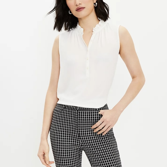 LOFT Ruffle Mixed Media Shell - Picture 1 of 5